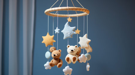 Baby cot mobile. Musical Toy. Cute baby crib with toys on blue background. 3d renderingの素材