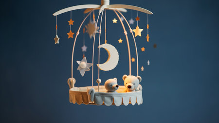 Baby cot mobile. Musical Toy. Cute baby crib with toys on blue background. 3d renderingの素材
