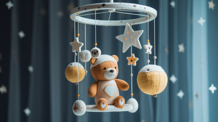 Baby cot mobile. Musical Toy. Cute baby crib with toys on blue background. 3d renderingの素材