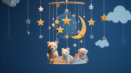 Baby cot mobile. Musical Toy. Cute baby crib with toys on blue background. 3d renderingの素材