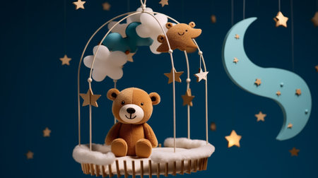 Baby cot mobile. Musical Toy. Cute baby crib with toys on blue background. 3d renderingの素材