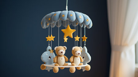 Baby cot mobile. Musical Toy. Cute baby crib with toys on blue background. 3d renderingの素材