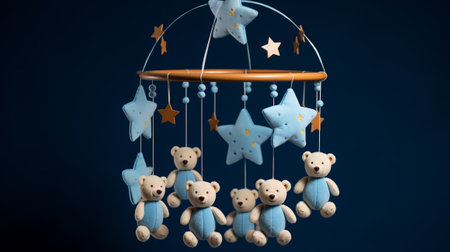 Baby cot mobile. Musical Toy. Cute baby crib with toys on blue background. 3d renderingの素材
