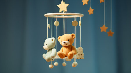 Baby cot mobile. Musical Toy. Cute baby crib with toys on blue background. 3d renderingの素材