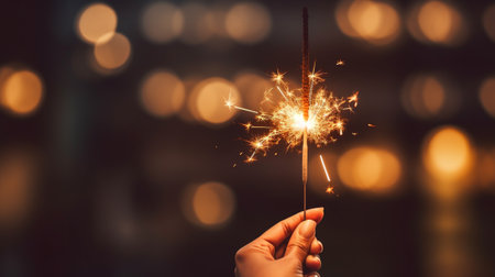 Close up of hand holding sparkler on bokeh backgroundの素材