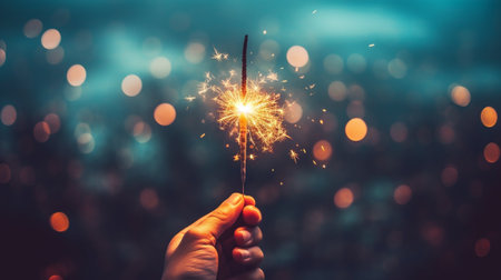 Close up of hand holding sparkler on bokeh backgroundの素材