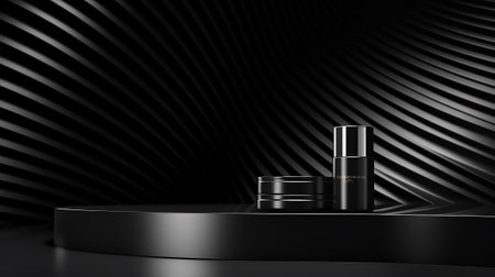 Black podium for product presentation. Abstract background. 3D rendering. For Cream cosmetic.の素材