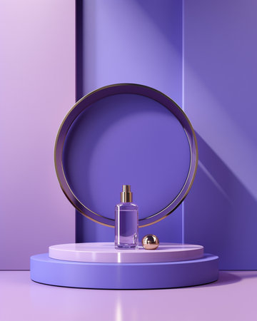3d render, abstract background with purple podiums, round mirror and perfume bottleの素材