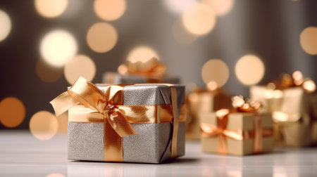 Gift boxes with golden bow on bokeh background, closeupの素材