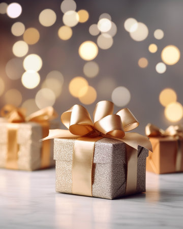 Gift boxes with golden bows on bokeh lights background.の素材