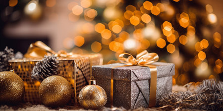 Gift boxes and christmas tree on background with bokehの素材