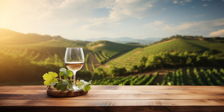 Wood table top with a glass of wine on blurred vineyard landscape backgroundの素材