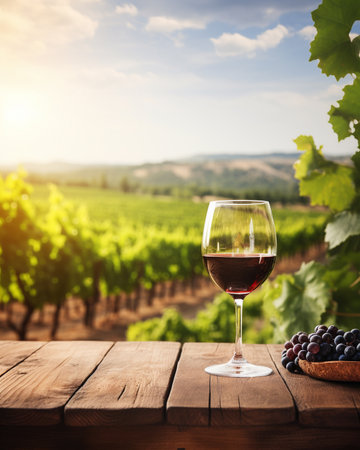 Wood table top with a glass of wine on blurred vineyard landscape backgroundの素材