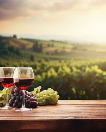 Wood table top with a glass of wine on blurred vineyard landscape backgroundの素材