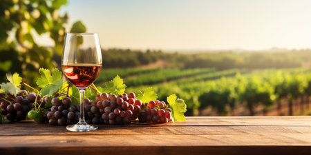 Wood table top with a glass of wine on blurred vineyard landscape backgroundの素材