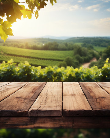 Wood table top on blurred vineyard landscape backgroundの素材