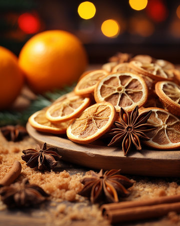 Traditional Christmas spices and dried orange slices on holiday bokeh backgroundの素材