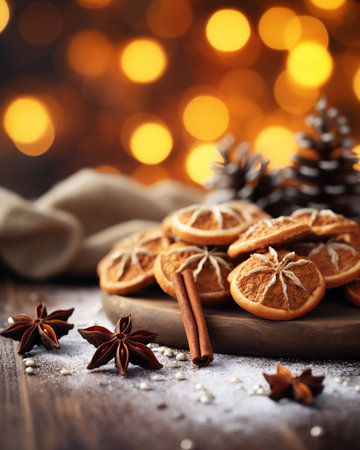 Traditional Christmas spices and dried orange slices on holiday bokeh backgroundの素材