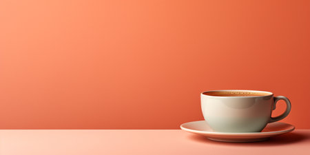 Cup of coffee on orange background. 3D illustration. Copy space.の素材