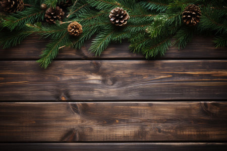 Christmas background with border from pine branches and decorations on white wooden tableの素材