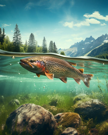 Rainbow trout swimming in the clear water of a mountain lake.の素材