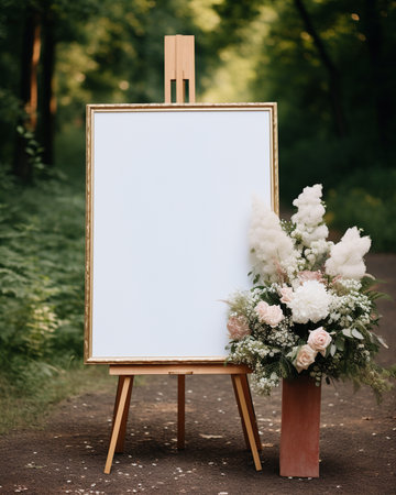 Blank canvas on easel in the park. Wedding concept.の素材