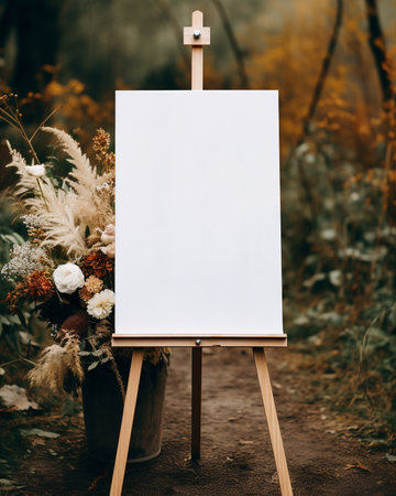 Blank white canvas on easel in autumn forest. Mockupの素材