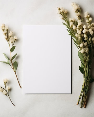 Mockup of a white card on a white background with dried flowers - Boho chic styleの素材