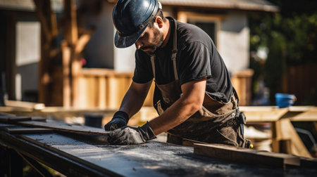Carpenter working on a construction site, using a circular sawの素材
