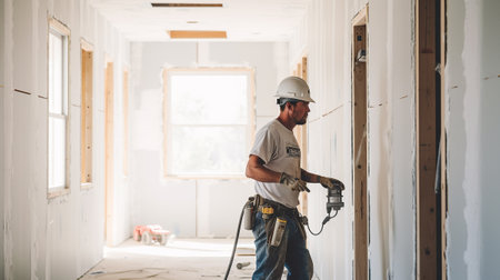 Portrait of a young male construction worker using a drill while renovating an apartmentの素材