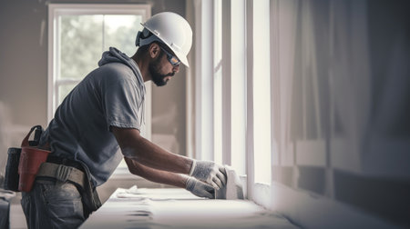 Portrait of a construction worker installing a window in a new apartmentの素材