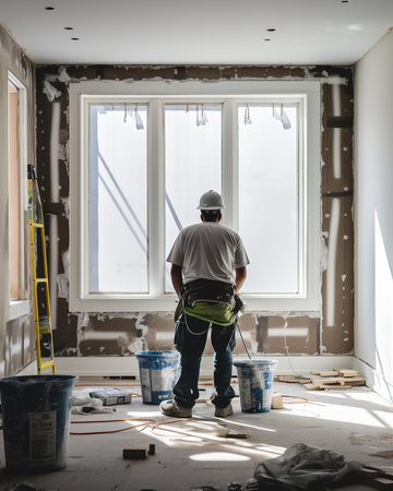 Worker painting a room in a new house with a paint rollerの素材