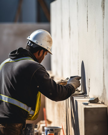 Worker using a trowel to align the concrete wall at a construction siteの素材