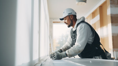 Worker installing a window in a new house. Building concept.の素材