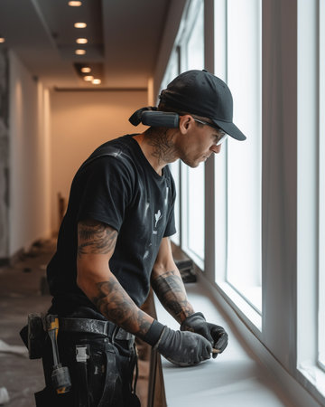 tattooed man in headphones and cap working on window sillの素材