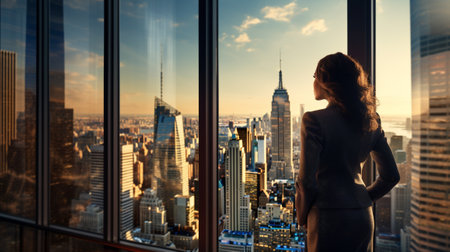 Businesswoman looking at the New York City skyline through a window.の素材