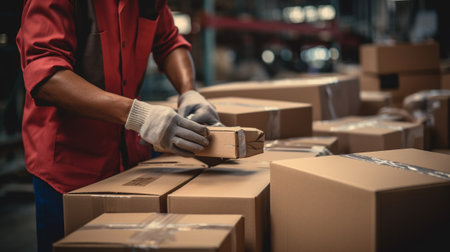 Warehouse worker checking stock of parcel boxes in storage warehouse. Factory worker checking stock of parcels.の素材