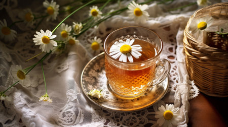 Cup of herbal tea with chamomile flowers on lace tableclothの素材