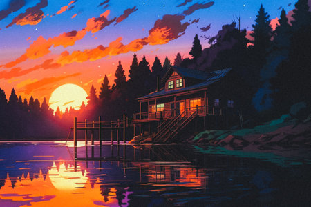 Digital painting of a cottage in the middle of the lake at sunsetの素材