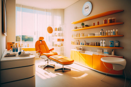 Interior of a modern beauty salon with orange armchair. 3d renderingの素材