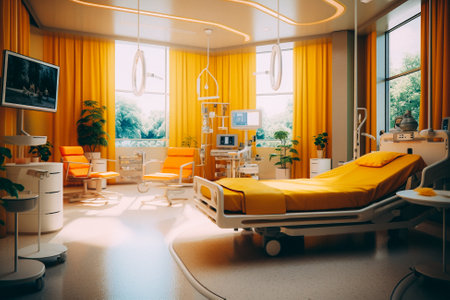Interior of modern hospital room with orange and yellow walls. Nobody insideの素材