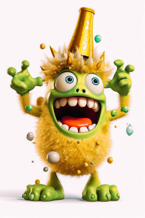 Funny monster with party hat on white background. 3D illustration.の素材