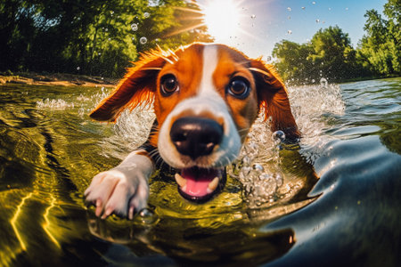 Beagle dog swims in the lake in summer on a sunny dayの素材