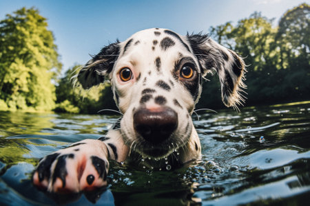 Dalmatian puppy swims in the water in the parkの素材