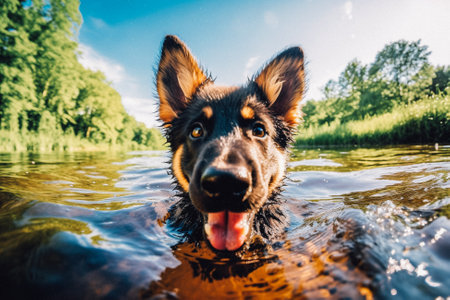 German shepherd swims in the lake on a sunny summer day.の素材