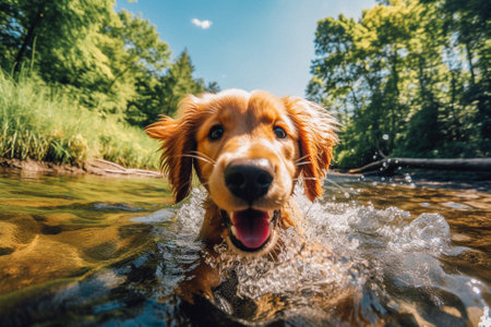 Cute golden retriever swims in the lake in summer.の素材