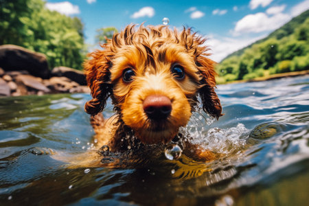 Cocker Spaniel puppy swims in the river on a summer dayの素材