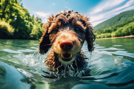 Cute brown cocker spaniel puppy swimming in the lake.の素材