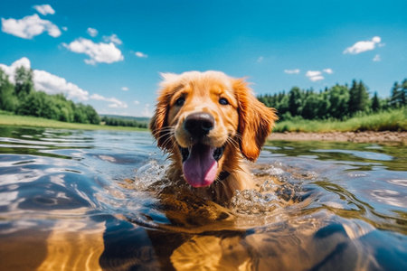 Cute Golden Retriever is swimming in the river. Summer dayの素材
