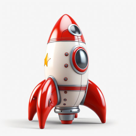 Rocket toy isolated on white background. 3d render illustration with shadowの素材